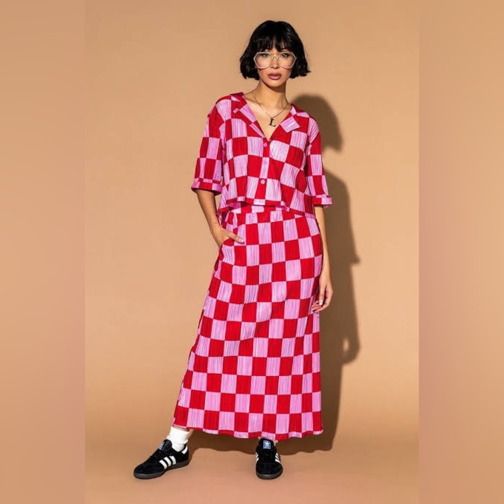 Dressed in Lala Red and Pink Checkered Plisse 2pc. Skirt Set